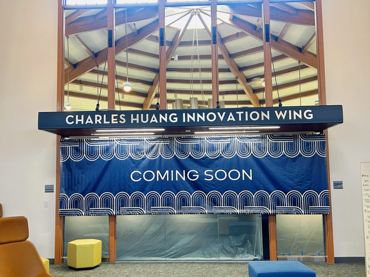 The Charles Huang Innovation Wing is sealed away by a “coming soon" sign. The Wing, with new technologies in the areas of robotics and AI, is expected to be open soon after winter break. “I was under the impression that this was going to be a makers space,” Andrew Barrantes (’25) said.  Students have high hopes in the Wing to open new learning opportunities.