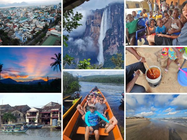 Left to right, clockwise: Da Nang, a coastal city in central Vietnam; Angel Falls, a waterfall in southeastern Venezuela; Pokrom village in Eastern Region of Ghana; Villagers make jollof rice in Pokrom; Labadi beach, one of Accra's beaches, Ghana; Ms. Suarez and tourists during a boat tour in Canaima National Park, Venezuela; Nha Trang, a coastal resort city in southern Vietnam; Da Nang, Vietnam.  