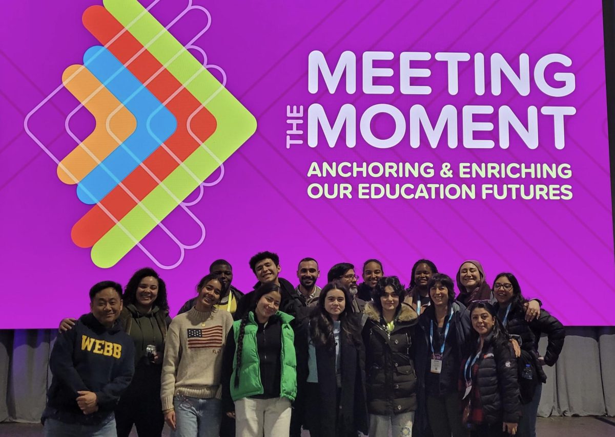 Webb students and faculty pose in front of the backdrop at the Student Diversity Leadership Conference (SDLC), themed “Meeting the Moment: Anchoring & Enriching Our Education Futures.” The conference provided impactful workshops and discussions on diversity, equity, and inclusion (DEI). “It was a transformative experience to connect with others who share my identity and goals,” said Jayden Aleman (’26), a participant of this year’s SDLC. Students gained valuable insights and were inspired to foster positive change within their community. Photo Credit: Mr. Choi  