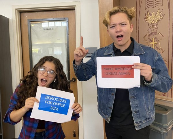 Maddie Leiva (‘27) and Gavin Hamilton (‘27) dramatically pose while holding signs promoting the democratic and republican parties respectively. The two students are both expressing dismay for each other's signs, however situations such as this disagreement are encouraged at Webb. “It's important to keep people in your life that you disagree with, because it kind of affirms what you really believe in,” Saraya Chigoji (‘27) said. Moments of debate build stronger individuals who can allow political differences to coexist. 