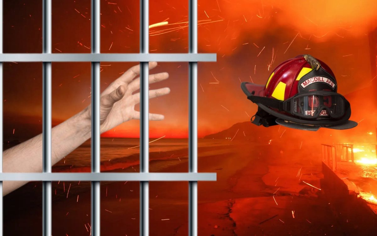 An incarcerated firefighter’s hand reaches through prison bars toward a firefighter’s helmet, overlaying the beach near the Pacific Palisades fire. Despite risking their lives, incarcerated firefighters are prevented from becoming firefighters after release due to background checks for occupational licenses, which perpetuates cycles of incarceration. “There's lots of evidence to suggest that [occupational licenses are] partly about restricting access to the profession,” said Professor J.J. Prescott, the University of Michigan Henry King Ransom Professor of Law, who is researching the effects of criminal record expungement. Shouldn’t the protectors of our communities be given a second chance?