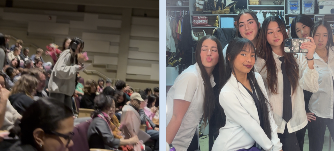 This image captures different perspectives of Webb’s annual dance show, featuring both audience members and performers. On the left, members of the Webb community gather to watch the performance, while on the right, dancers — Berklee Antecol (‘25), Leia Albornoz (‘25), Yuki Layman (‘25), Freya Fu (‘26) — pose backstage. This side-by-side comparison highlights the contrast between those experiencing the show and those bringing it to life on stage.  